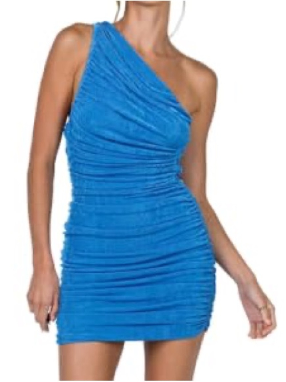 Ruched One-Shoulder Mini Dress in Electric Blue